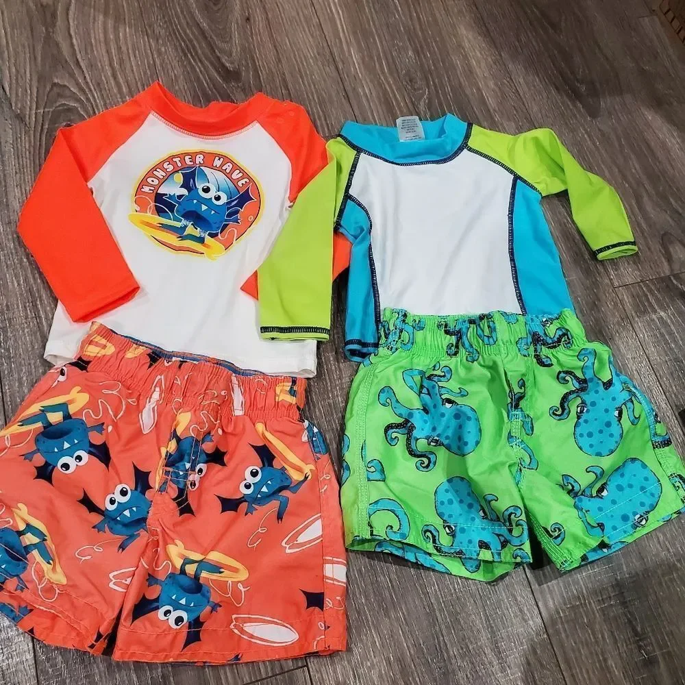 Boys Baby Swim Sets Size 12-18M Kids Swim Set - Orange and Green 2 Pieces